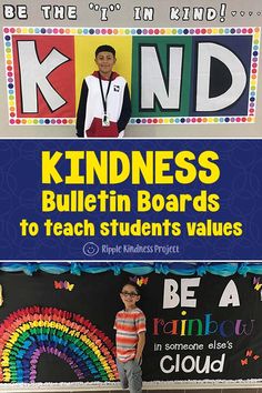 a young boy standing in front of a bulletin board with the words kindness, bulletin boards to teach students'value