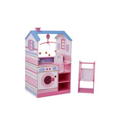 a doll house with a pink kitchen and chair next to the toy stove top oven