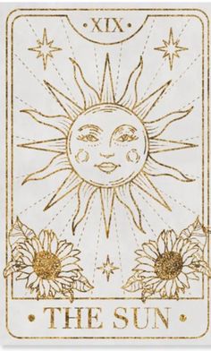 the sun tarot card is shown in gold and white