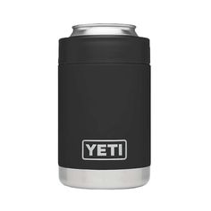 yeti stainless steel can cooler with black lid and white lettering on the front side