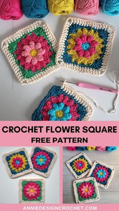 crochet flower square free pattern is shown in three different colors and the text reads,