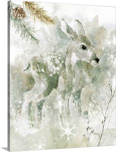 a watercolor painting of a baby deer in the snow with pine cones on its head