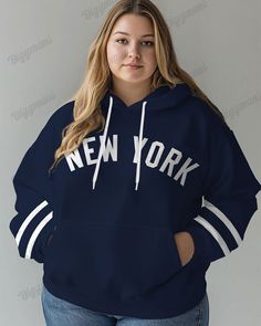 This womens hoodie in blue blends classic collegiate style with modern flair. Featuring subtle letter prints and striped details, it offers a relaxed fit. Its simple yet stylish design makes it easy to pair with various outfits, giving you effortless charm. Specifications: Type: Womens Hoodies Design: Print, Letter, Stripe, Blue Details: Kangaroo Pocket, Drawstring Style: Preppy Neckline: Hooded Fit: Loose Sleeve Length: Long Sleeve Elasticity: Slightly Stretchy Care Cleaning: Machine Wash, Tumb New York Print, Collegiate Style, Womens Hoodie, Womens Hoodies, Bring The Heat, Style Preppy, Women's T Shirts, Plus Size Womens Clothing, Hoodies Design