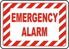 an emergency sign with the word alarm written in red and white striped letters on it