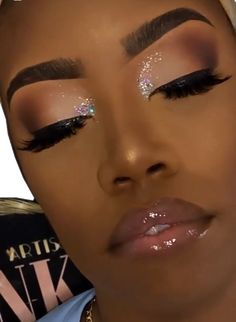 Natural Glam Makeup With Rhinestones, Glitz And Glam Makeup Look, Bridal Makeup With Rhinestones, Rhinestone Make Up Looks, Soft Glam Makeup With Rhinestones, Glam Makeup With Rhinestones, Full Glam Makeup Looks Glitter, Makeup With Rhinestones, Client Makeup