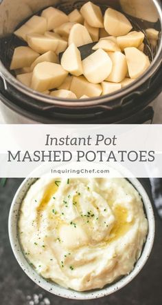 instant pot mashed potatoes in a crockpot with text overlay that reads instant pot mashed potatoes