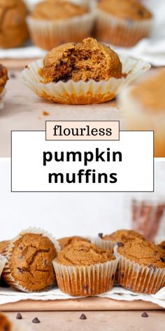 several muffins sitting on top of each other with the words flourless pumpkin muffins above them