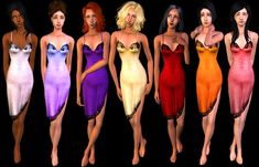 six different colored dresses are shown in this image, with one woman's head tilted to the side