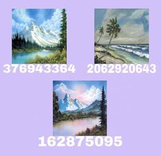 four pictures of mountains, trees and water with the words painting on them in white letters