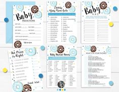 printable baby shower game with donuts and blue polka dot dots on it, including the