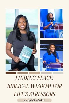 a woman standing in front of a podium holding a book