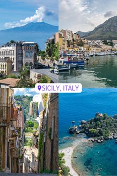 there are two pictures with the words sicly, italy on them and an image of boats in the water