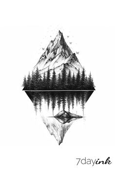 a drawing of a mountain with trees on it