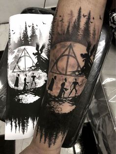 a person with a tattoo on their arm next to an image of people in the woods