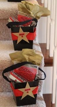 three bags are stacked on top of each other in front of the stair case with stars