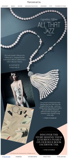 an advertisement for a jewelry store with pearls and beads on the front, in black and white