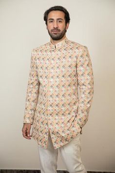 Shop for Arjan Dugal Multi Color Colorblock Bandhgala Set for Men Online at Aza Fashions Designer Bandhgala With Gota Work For Eid, Fitted Multicolor Zari Work Bandhgala, Bollywood Style Multicolor Ceremonial Kurta, Bollywood Style Ceremonial Bandhgala With Gota Work, Designer Bandhgala With Gota Work For Diwali, Multicolor Resham Embroidered Kurta For Reception, Multicolor Resham Embroidery Kurta For Reception, Multicolor Embroidered Straight Kurta Bandhgala With Resham Work, Multicolor Embroidered Resham Bandhgala Straight Kurta