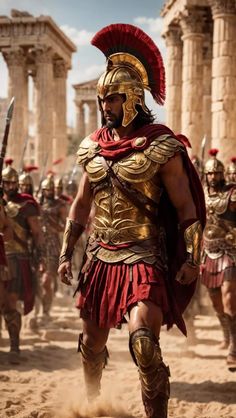 a man dressed in roman armor standing on top of a dirt field