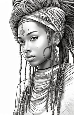 a drawing of a woman with dreadlocks on her head and ear rings in front of