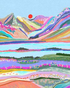 an abstract painting of mountains and water