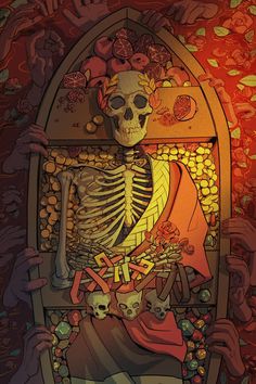 a skeleton sitting in front of a colorful background