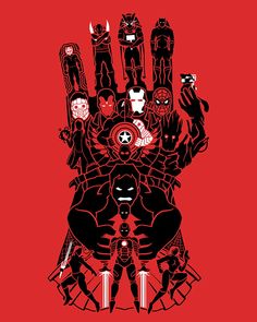 the avengers poster is shown in red and black