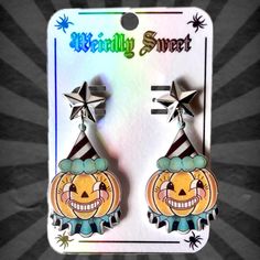 These earrings are a whimsical and delightful accessory that seamlessly blends the charm of Halloween with playful humor.  🎃Materials: shrink plastic/resin (Backings are blank white). Earring posts are stainless steel. 🎃Lightweight and comfortable. 🎃Please note that the images provided are representative of the overall design, and the earrings you receive may have slight imperfections / variations in color, shape and size. We encourage you to embrace these variations as a testament to the aut Clown Pumpkin, Cartoon Clown, Shrink Plastic Earrings, Pumpkin Cartoon, Cartoon Earrings, Pastel Teal, White Earring, Plastic Earrings, Plastic Art