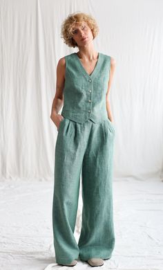 • Handmade in our studio • Regular fit • V-neckline • Single button closure • Buckle waist adjuster • Available from XXS to XXL size or can be made in a custom size Linen Waistcoat, Waistcoat Outfit, Linen Vest, Tailored Clothes, Palazzo Trousers, Vest Outfits, Classic Elegant, Linen Trousers, Style Mistakes