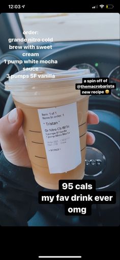 someone holding up a cup of coffee in their hand with the caption'95 cals my fav drink ever omg