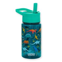 a blue and green water bottle with dinosaurs printed on the front, sitting against a white background