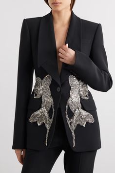 ALEXANDER MCQUEEN Crystal-embellished appliquéd crepe blazer | NET-A-PORTER Chic Embellished Long Sleeve Blazer, Luxury Embellished Outerwear With Notch Lapel, Luxury Embellished Blazer With Notch Lapel, Designer Tailored Embellished Outerwear, Designer Embellished Outerwear For Party, Designer Embellished Party Outerwear, Luxury Tailored Embellished Outerwear, Luxury Embroidered Evening Blazer, Fitted Embellished Outerwear With Notch Lapel