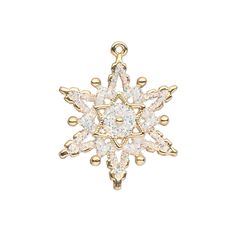 a gold plated snowflake charm with white crystals in the shape of a star