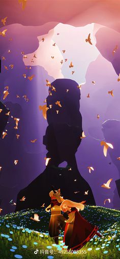 an animated image of a man standing in the middle of a field with butterflies flying around him