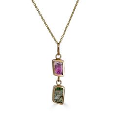 Jeweled Lavalier Necklace Ronnie Taubenfeld a green rectangular Tourmaline gem hanging from a pink rectangular Tourmaline. Both are handset in 14K gold suspended from a 14k gold cable chain. Tourmaline Pendant, Tourmaline Jewelry, Unique Beauty, Yellow Gold Chain, Star Charms, Cable Chain, Natural Color, Gold Chain, Tourmaline