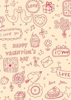 valentine's day doodles on paper with hearts, flowers and other things in the background