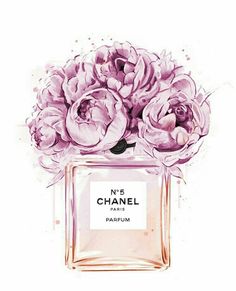 a chanel perfume bottle with pink flowers on it next to a black bag and wallet