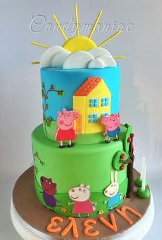 a three tiered cake with pepo and friends on it