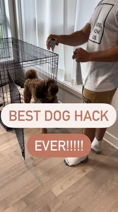 a man standing next to a dog in a cage with the words best dog hack ever