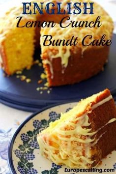 a close up of a cake on a plate with the words english lemon crunch bundt cake