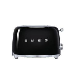 the smeg toaster is black and silver