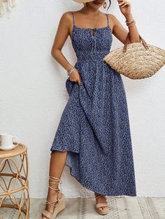 Women's Ditsy Floral Vacation Style Spaghetti Strap Dress Navy Blue Boho  Sleeveless Woven Fabric Geometric,Plants,Ditsy Floral,All Over Print Cami Non-Stretch  Women Clothing, size features are:Bust: ,Length: ,Sleeve Length: Blue Maxi Dress With Ditsy Floral Print For Summer, Blue Maxi Dress With Tie Spaghetti Straps, Blue Maxi Dress With Spaghetti Tie Straps, Bohemian Sleeveless Sundress With Ditsy Floral Print, Bohemian Sleeveless Maxi Dress With Ditsy Floral Print, Casual Blue Cami Sundress, Sleeveless Ditsy Floral Sundress For Vacation, Sleeveless Sundress With Ditsy Floral Print For Vacation, Sleeveless Ditsy Floral Sundress For The Beach