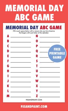 a printable memorial day game for kids with the words,'memorial day abc game '