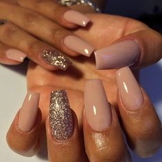 smoky pastel pink nail polish, on coffin shaped manicure, decorated with rose gold glitter, nude gel nails, on two brown hands Nude Gel Nails, Brown Hands, Nail Ballerina, Matte Acrylic Nails, Pastel Pink Nails, Gel Nails Long, Wedding Acrylic Nails, Chic Manicure, Nails Opi