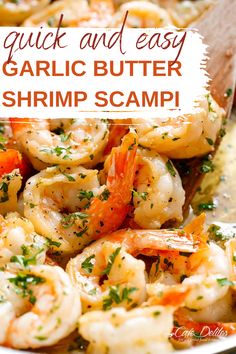 garlic butter shrimp scamps in a skillet with a wooden spoon on the side