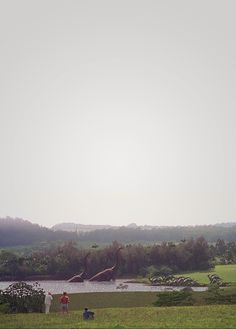 two people are flying kites in the sky over a lake and trees on a cloudy day