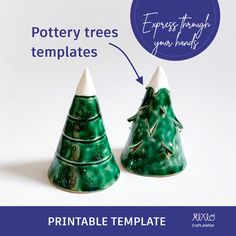 two green christmas trees with white tops are shown in front of a blue sign that says pottery trees templates