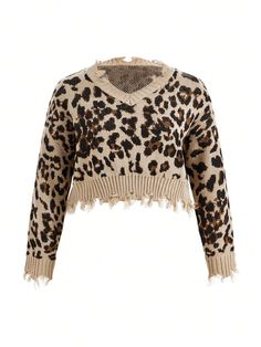 Marrón Casual Collar manga larga Lana Peinada Estampado de Leopardo,Estampado en Textura Pullovers Embellished Estiramiento medio Cardigan Oversized, Leopard Print Sweater, Elegant Dresses Long, Plus Size Sweaters, Black Party, Boho Women, Printed Sweater, School Fashion, Kids Sleepwear