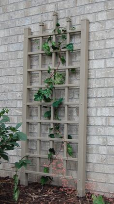 a trellis with green plants growing on it in front of a brick wall next to a planter