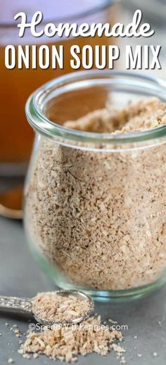 homemade onion soup mix in a glass jar with spoon