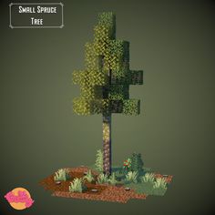 an image of a small tree made out of pixellated trees and grass, with the words small spruce tree below it